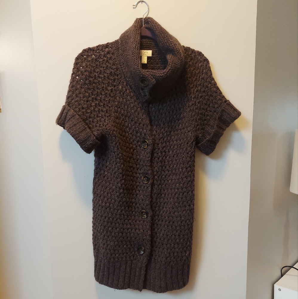 Loft Short Sleeve brown Sweater Coatigan Cardigan Long Crowl Neck Medium Petite